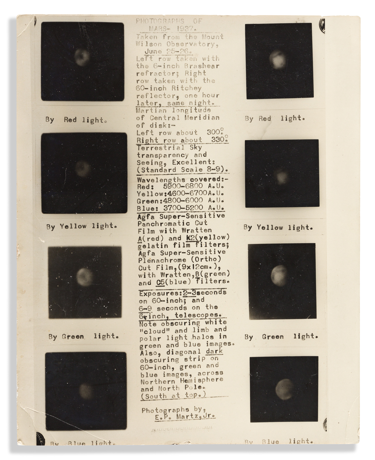 (SCIENCE & ENGINEERING.) Edwin Martz. Letter by a young astronomer, accompanied by his early photographs of Mars.